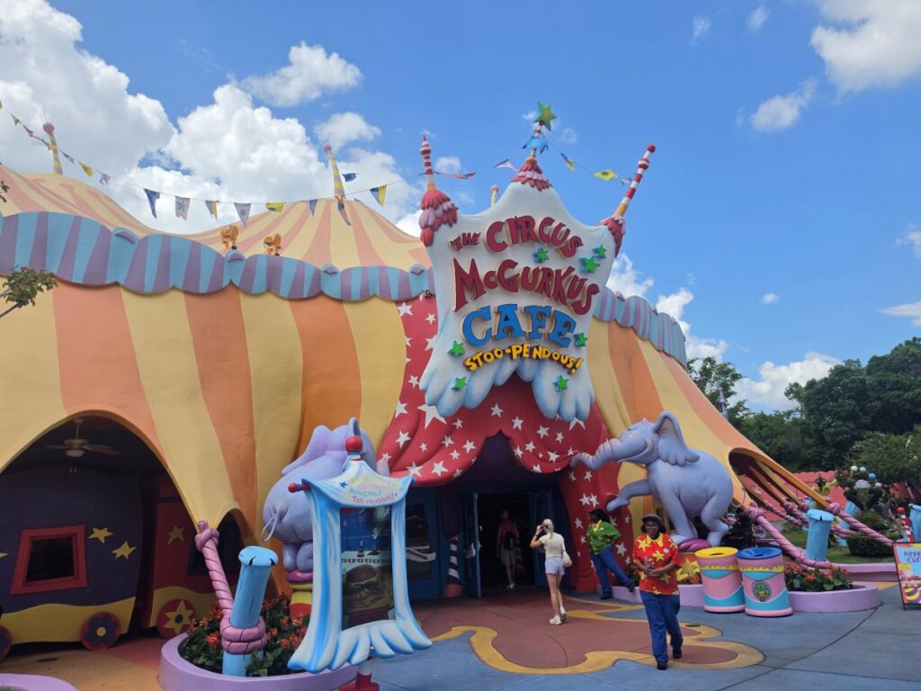 Exterior view of The Circus McGurkus Cafe Stoo-pendous entrance with circus tent architecture and elephant statues at Islands of Adventure.