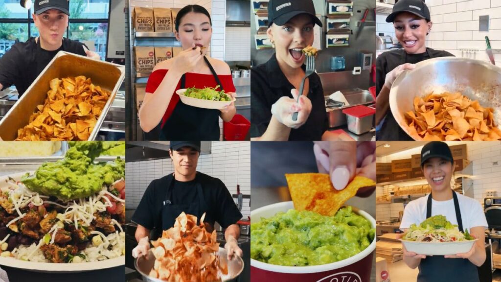 A grid collage showing Chipotle team members preparing fresh handcrafted tortilla chips, tossing ingredients in large metal mixing bowls, and serving chicken rice bowls topped with guacamole promoting Chipotle Pollo Asado