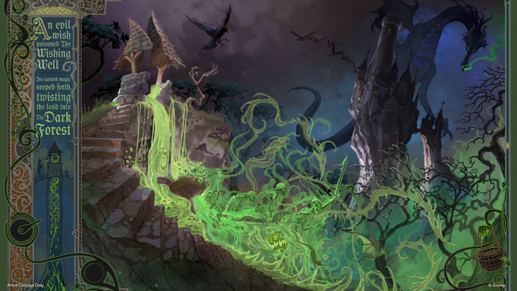 Concept art for Disney's Villains Land featuring glowing green magic flowing down a stone wishing well into a dark forest alongside a towering dark castle and a flying dragon under a stormy sky.
