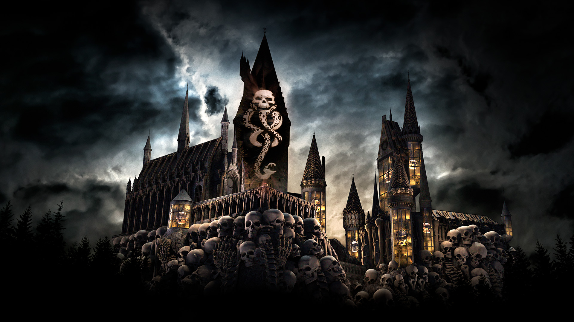 A dark, gothic castle covered in a massive pile of human skulls under a stormy sky, with a glowing Dark Mark symbol projected on the central tower for Dark Arts Universal Orlando show