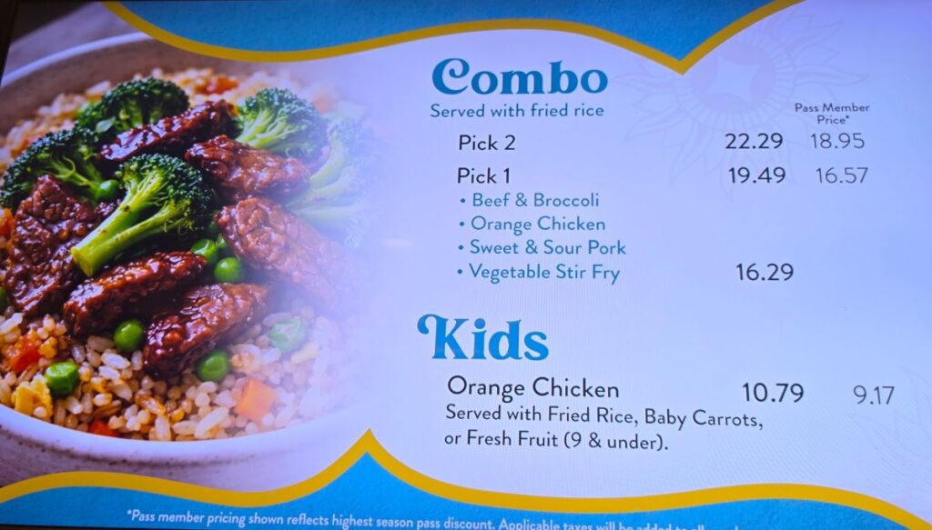 Dragon Fire Grill Asian station digital menu board showing combo options and prices at Busch Gardens Tampa Bay