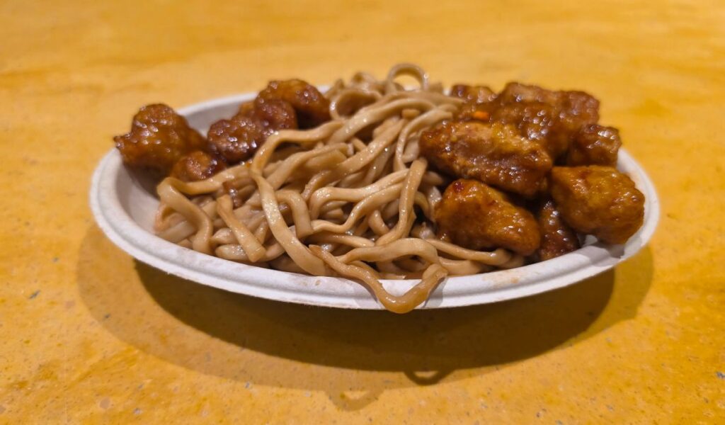 Plate of glazed Dragon Fire orange chicken served with lo mein noodles at Dragon Fire Grill in Busch Gardens Tampa Bay