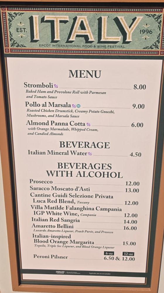 Epcot Italy menu 2026 for Food & Wine Festival
