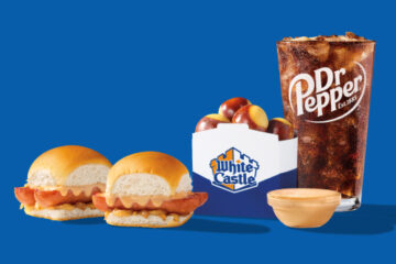 White Castle Garage beer cheese slider combo meal with two sliders, pretzel bites, Garage Beer cheese dip, and a Dr Pepper drink.