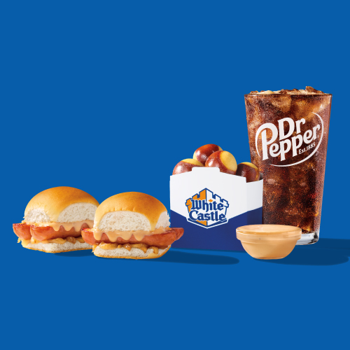 White Castle Garage beer cheese slider combo meal with two sliders, pretzel bites, Garage Beer cheese dip, and a Dr Pepper drink.