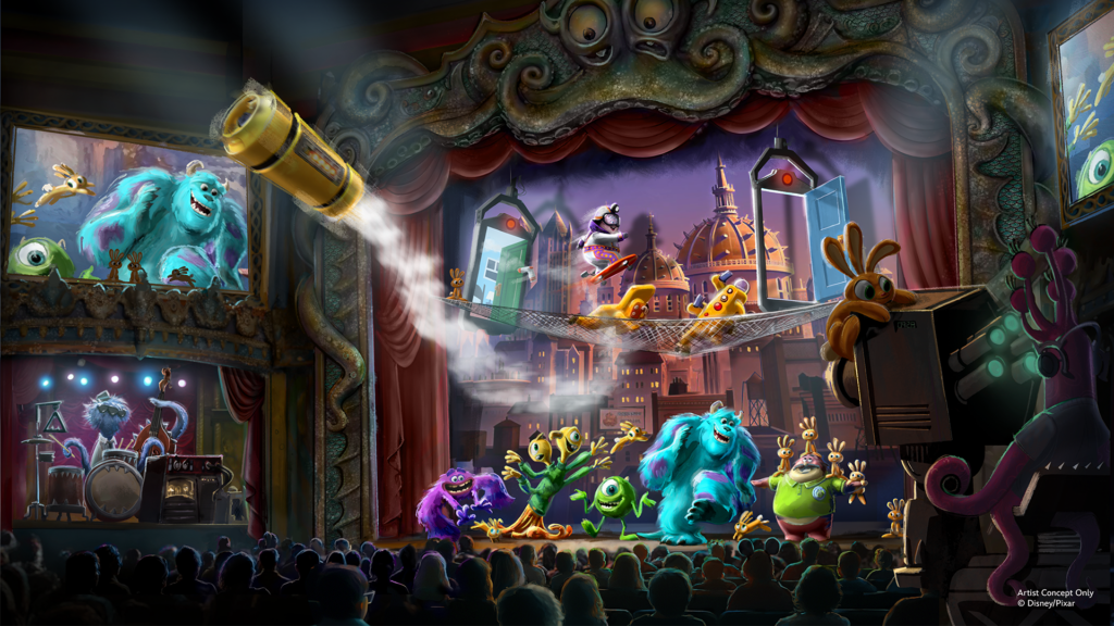 Concept art shows Monsters Inc. characters performing on a theater stage before an audience, with Sulley and Mike Wazowski featured prominently.