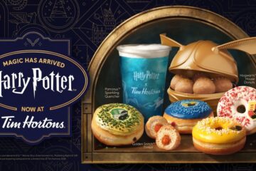 A promotional image for Harry Potter Tim Hortons featuring a blue drink, various themed donuts, and a Golden Snitch container filled with Timbits.