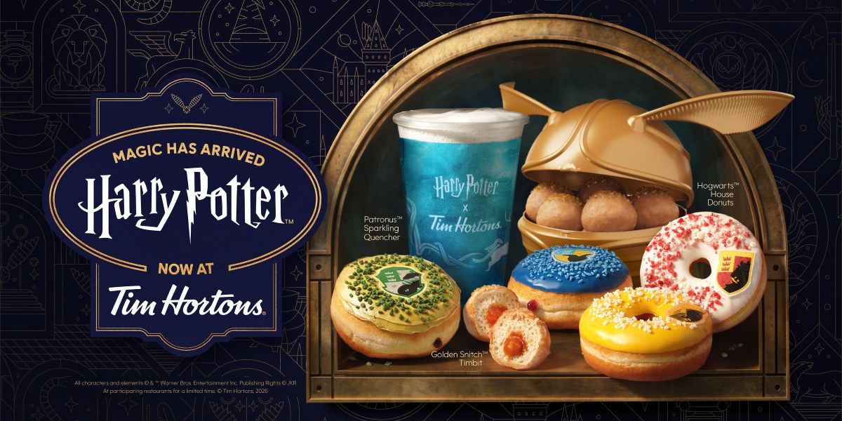 A promotional image for Harry Potter Tim Hortons featuring a blue drink, various themed donuts, and a Golden Snitch container filled with Timbits.