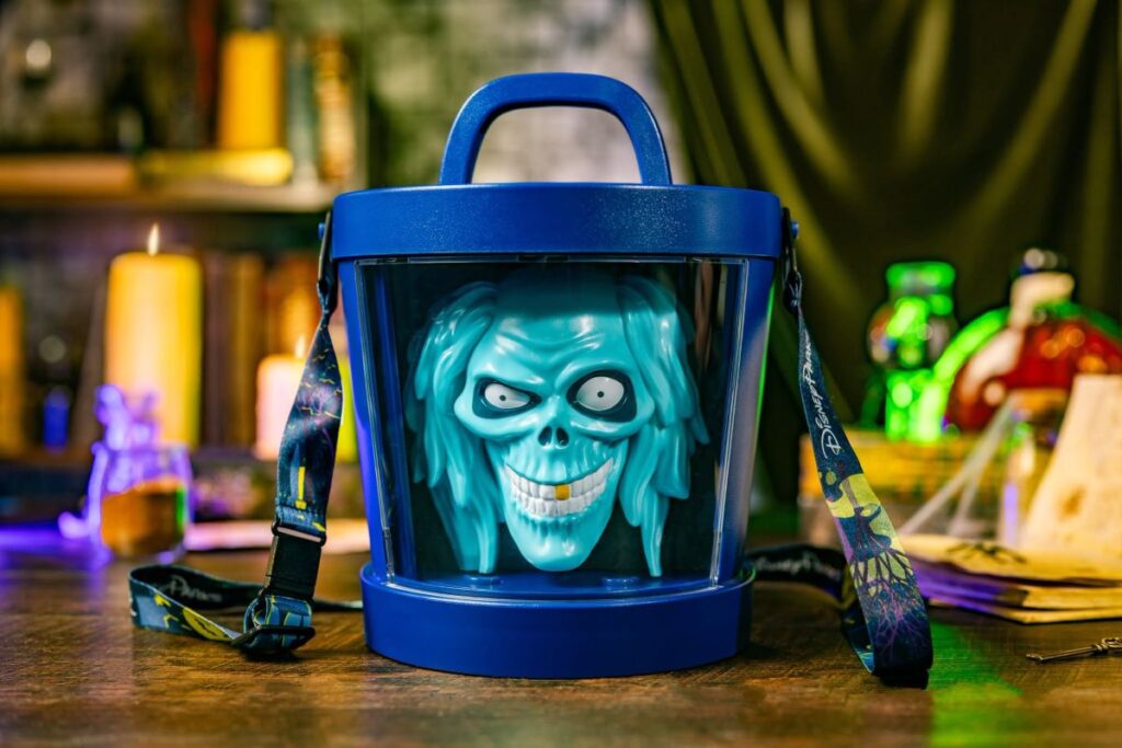 Disney Halloween popcorn bucket featuring the Hatbox Ghost inside a blue container