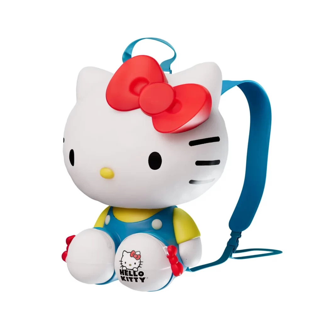 Three-quarter view of the AMC Hello Kitty backpack popcorn bucket displaying zippered shoe compartments with the official Hello Kitty logo.