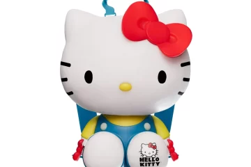Front view of AMC Theatres Hello Kitty 50th Anniversary backpack popcorn bucket wearing blue overalls, a yellow shirt, and a red bow.