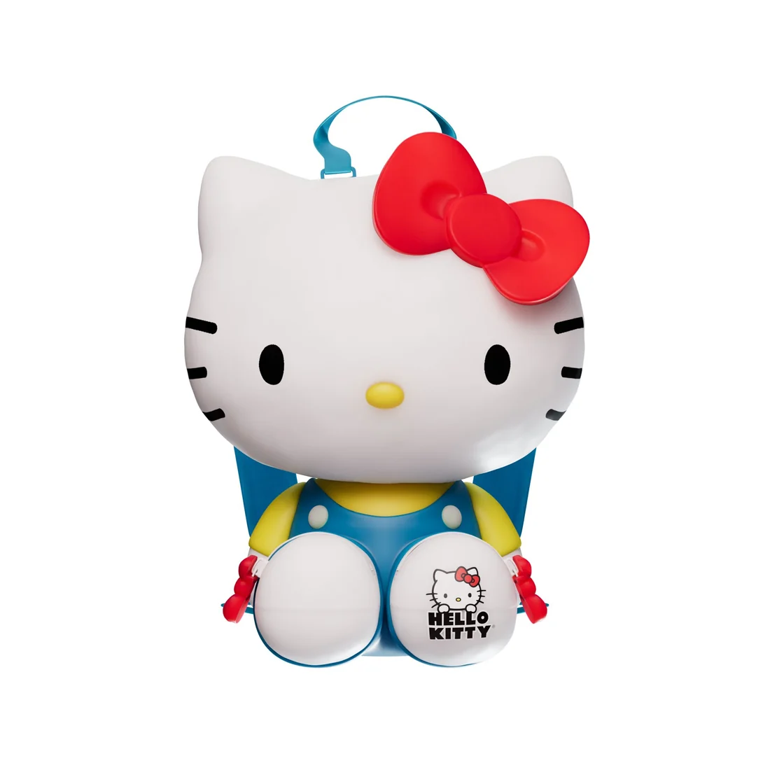 Front view of AMC Theatres Hello Kitty 50th Anniversary backpack popcorn bucket wearing blue overalls, a yellow shirt, and a red bow.
