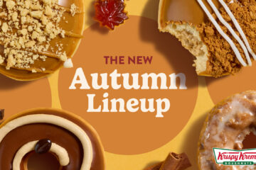 Four decorated donuts arranged on an orange background with the text The New Autumn Lineup and the Krispy Kreme logo in the bottom right corner to promote the Krispy Kreme Autumn collection