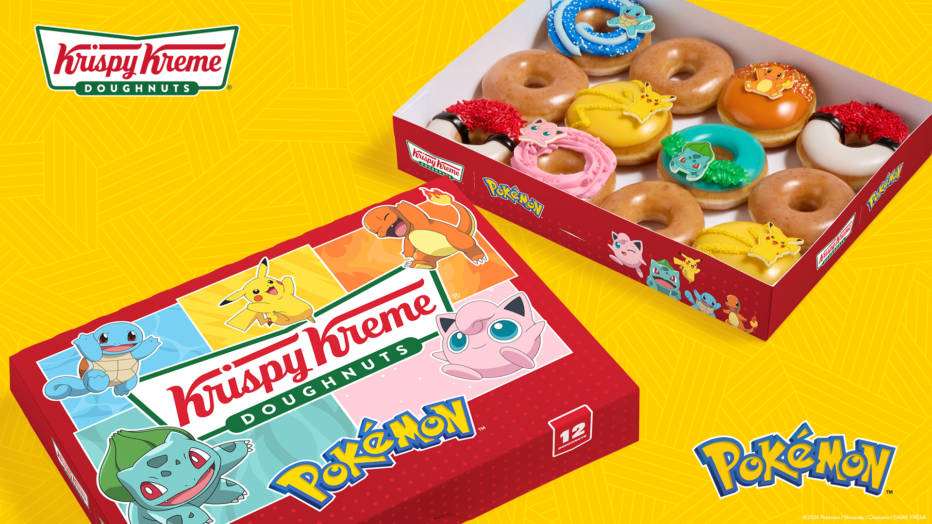A dozen Krispy Kreme Pokémon doughnuts in a branded red box, featuring various colorful glazed doughnuts topped with character decorations.