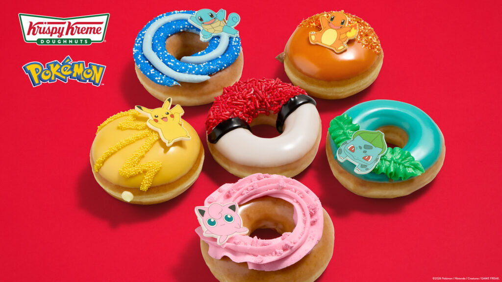 Six Pokémon-themed Krispy Kreme doughnuts arranged on a red background, featuring characters like Pikachu, Squirtle, Charmander, and a Poké Ball design.