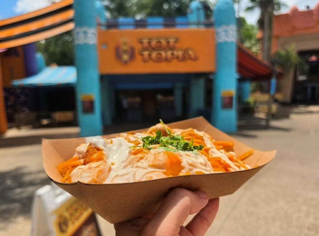 Eye-level view of loaded tater tots topped with cheese and crema in a cardboard boat held outdoors in front of Tot-Topia.