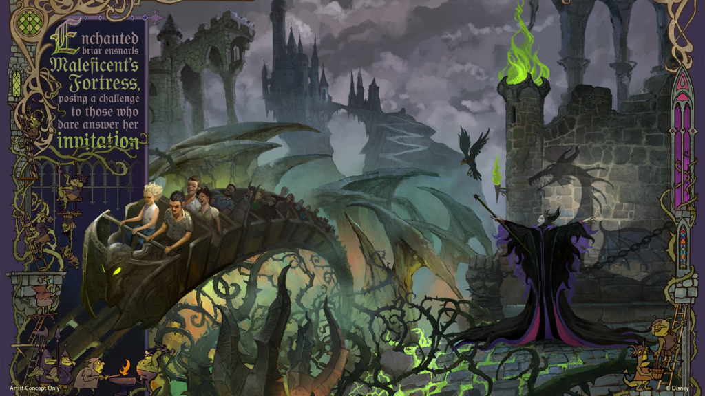 Concept art for a Disney Villains Land attraction showing Maleficent casting green magic before her fortress while a dragon-themed roller coaster vehicle filled with riders speeds through thorny briars.