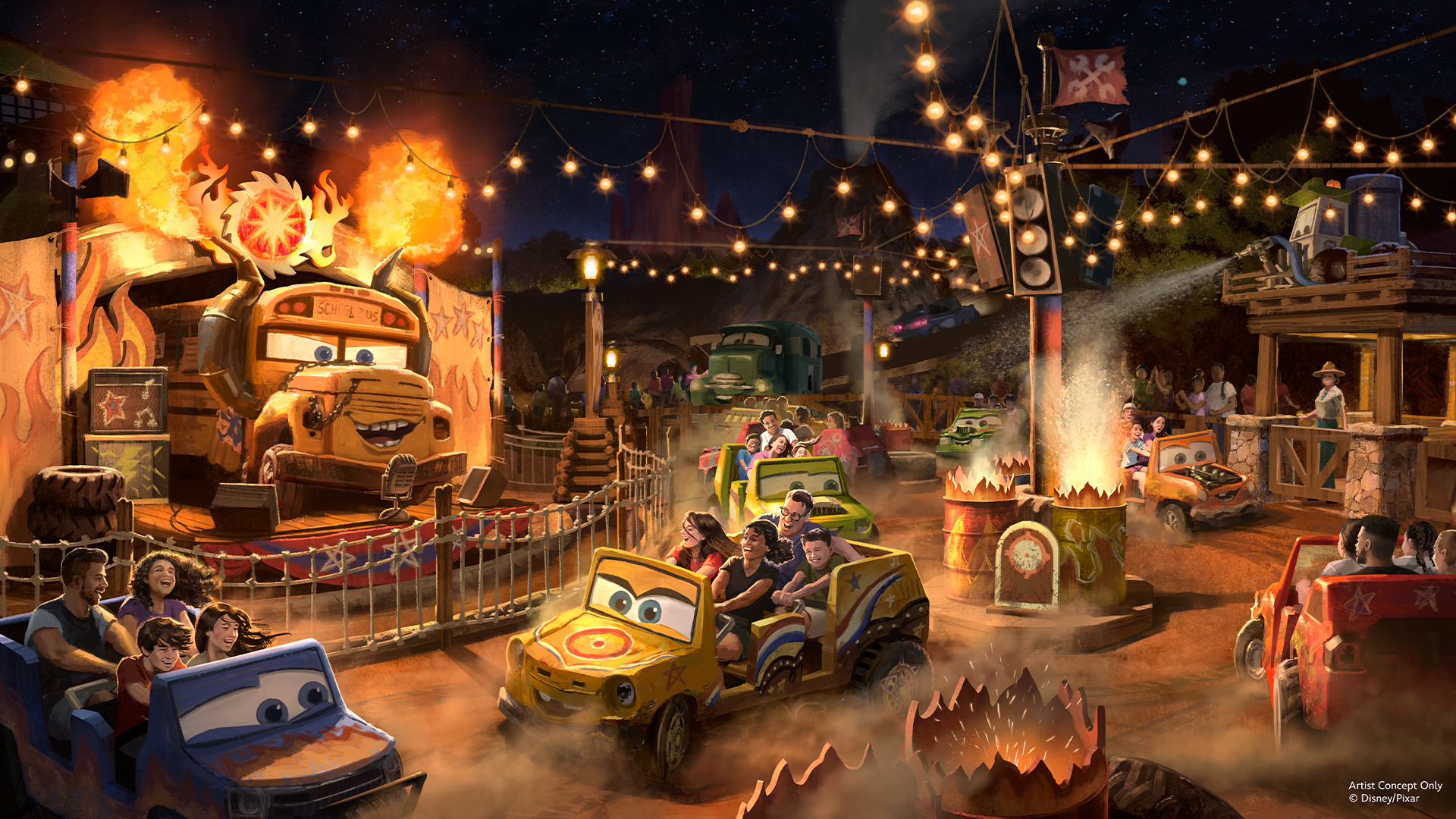 Artist concept artwork for Miss Fritter's Daredevil Spin-Along at Piston Peak showing guests riding colorful Cars-themed vehicles past a giant school bus stage surrounded by flames, string lights, and racing decorations.