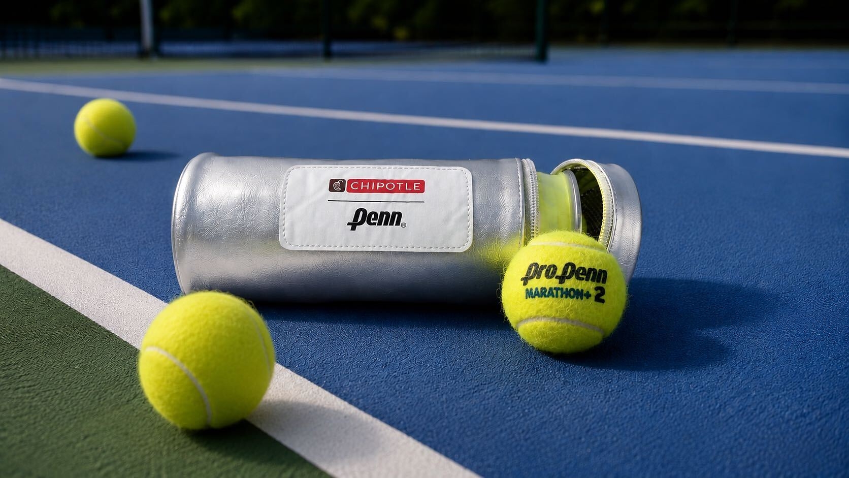 A silver Penn tennis ball canister with a Chipotle logo sits on a blue tennis court next to three yellow tennis balls, one resting near the open lid.