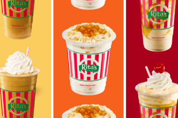 Several Rita's branded cups filled with frozen custard treats, some topped with whipped cream and a cherry, against yellow, orange, and red backgrounds.