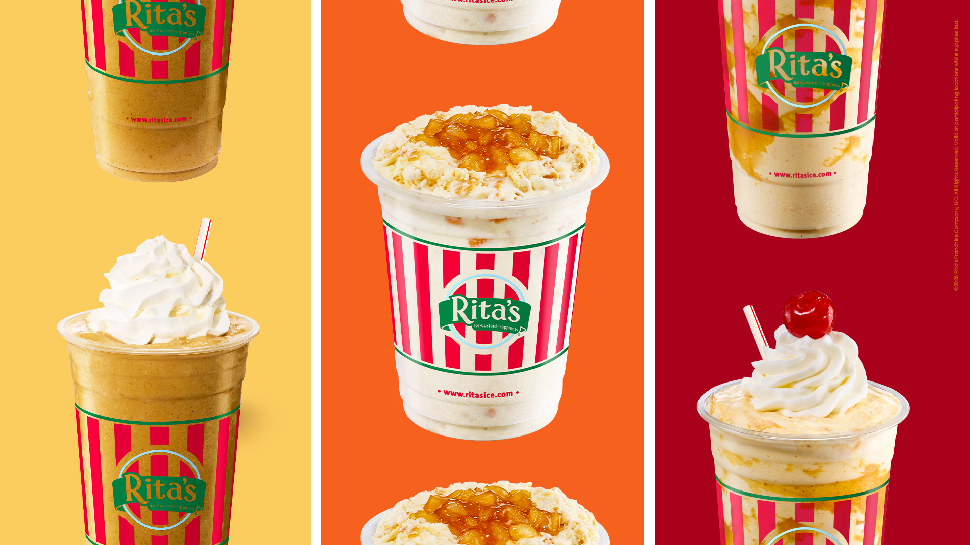 Several Rita's branded cups filled with frozen custard treats, some topped with whipped cream and a cherry, against yellow, orange, and red backgrounds.
