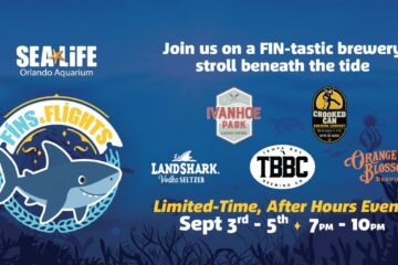 Promotional graphic for Sea Life Orlando Aquarium's Fins & Flights event featuring logos of partner breweries on a deep blue underwater background.