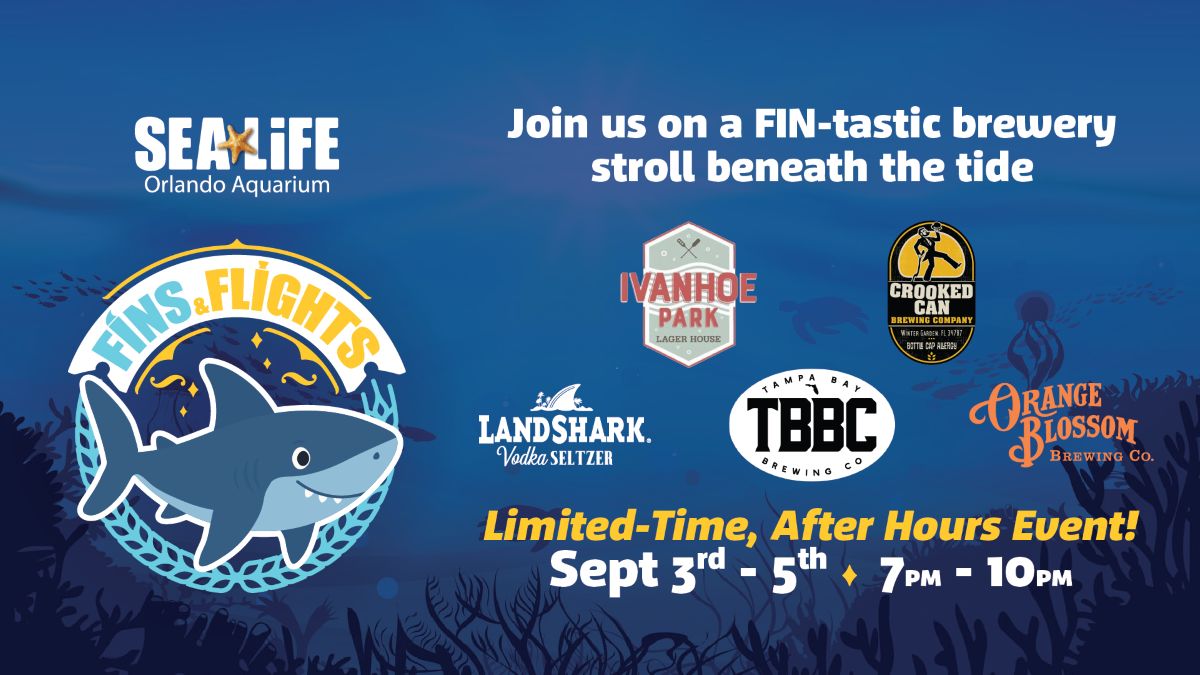 Promotional graphic for Sea Life Orlando Aquarium's Fins & Flights event featuring logos of partner breweries on a deep blue underwater background.