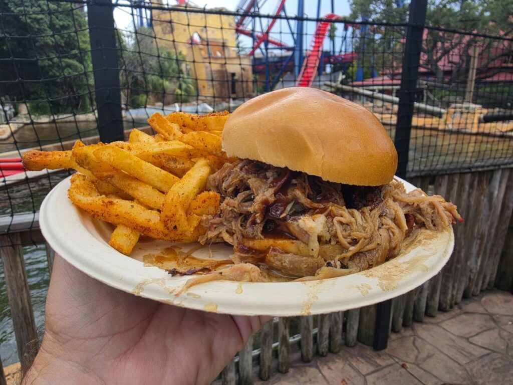 Barbecue pulled pork sandwich and seasoned fries held on a plate in front of a red roller coaster track.