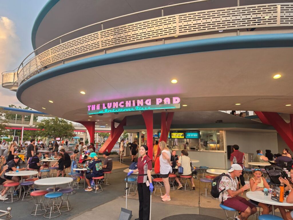 Exterior view of The Lunching Pad quick-service restaurant in Tomorrowland at Magic Kingdom.
