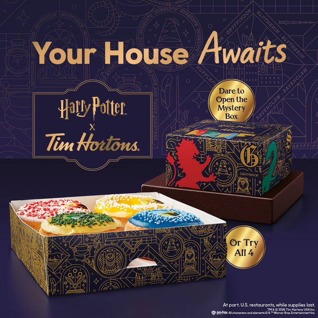 A Harry Potter Tim Hortons promotional box containing four colorful donuts, next to a mystery box on a dark purple background with gold icons.