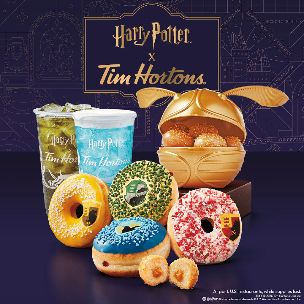 A promotional display featuring Harry Potter and Tim Hortons branding with iced beverages, four decorated donuts, and a golden Snitch-shaped container.