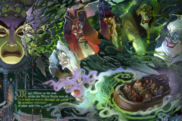 Concept art presented during the D23 Disney Villains Land update shows what looks like a water ride, with guests in a boat passing under the Magic Mirror alongside shattered reflections of Disney villains Jafar, Dr. Facilier, Scar, Ursula, and Cruella de Vil.