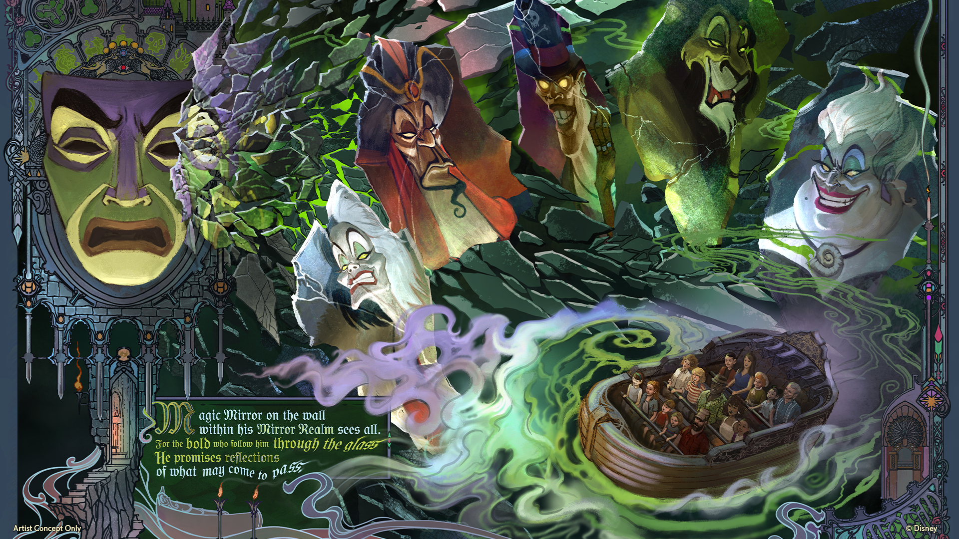 Concept art presented during the D23 Disney Villains Land update shows what looks like a water ride, with guests in a boat passing under the Magic Mirror alongside shattered reflections of Disney villains Jafar, Dr. Facilier, Scar, Ursula, and Cruella de Vil.
