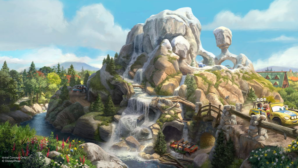 Artist concept artwork for Piston Peak at Disney Parks showing off-road Cars-themed vehicles driving along dirt trails around a large mountain with cascading waterfalls, pine trees, and a wooden bridge.