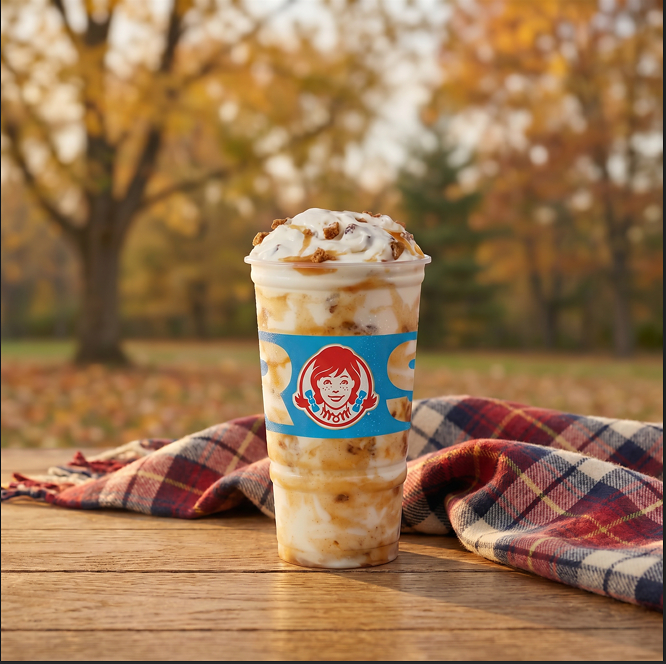 A Wendy's Frosty in a clear plastic cup with whipped cream and cookie crumbles, sitting on a wooden table with a plaid blanket against autumn trees.