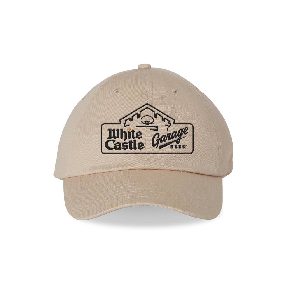 Tan baseball hat featuring the embroidered White Castle and Garage Beer collaboration logo on the front.
