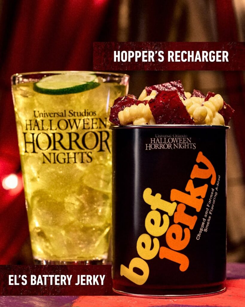 El's Battery Jerky served in a black novelty can next to a Hopper's Recharger specialty cocktail at Universal Studios Halloween Horror Nights 35.