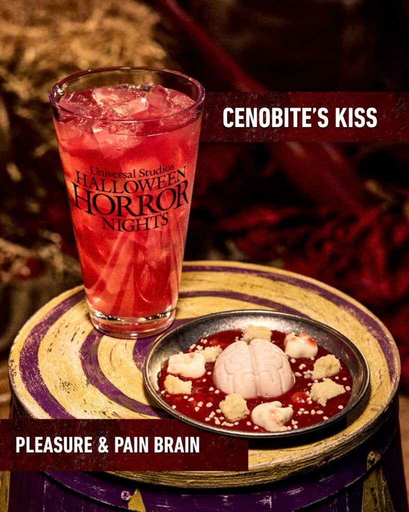 Pleasure and Pain Brain dessert featuring a brain-shaped treat in red syrup paired with a red Cenobite's Kiss specialty drink at Halloween Horror Nights food and beverage