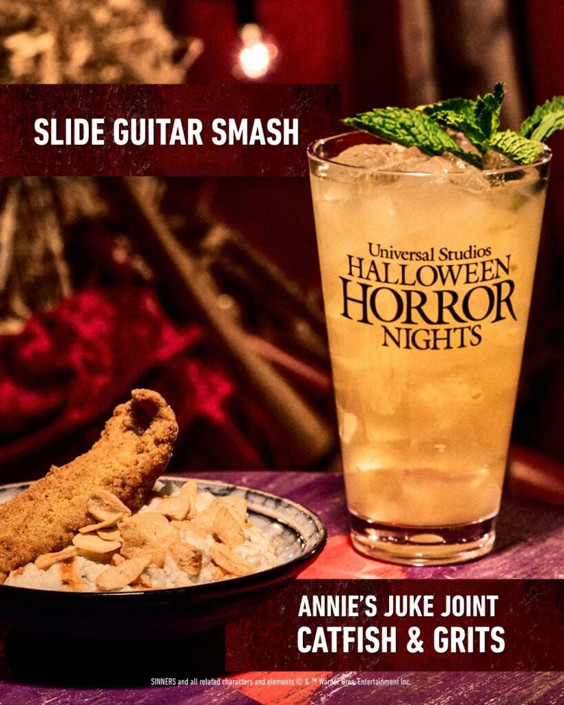 Annie's Juke Joint Catfish and Grits served in a bowl next to a refreshing Slide Guitar Smash beverage for Halloween Horror Nights food and beverage