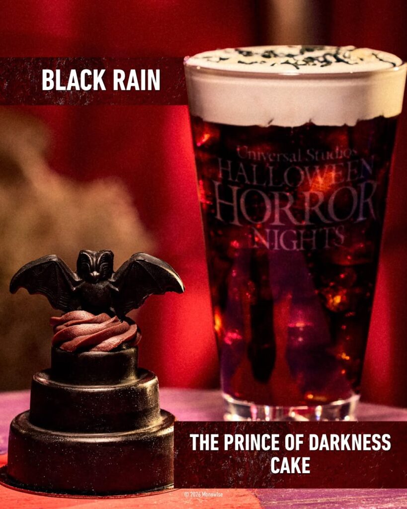 The Prince of Darkness Cake topped with a dark chocolate bat sculpture shown beside a Black Rain cocktail for Halloween Horror Nights 35.