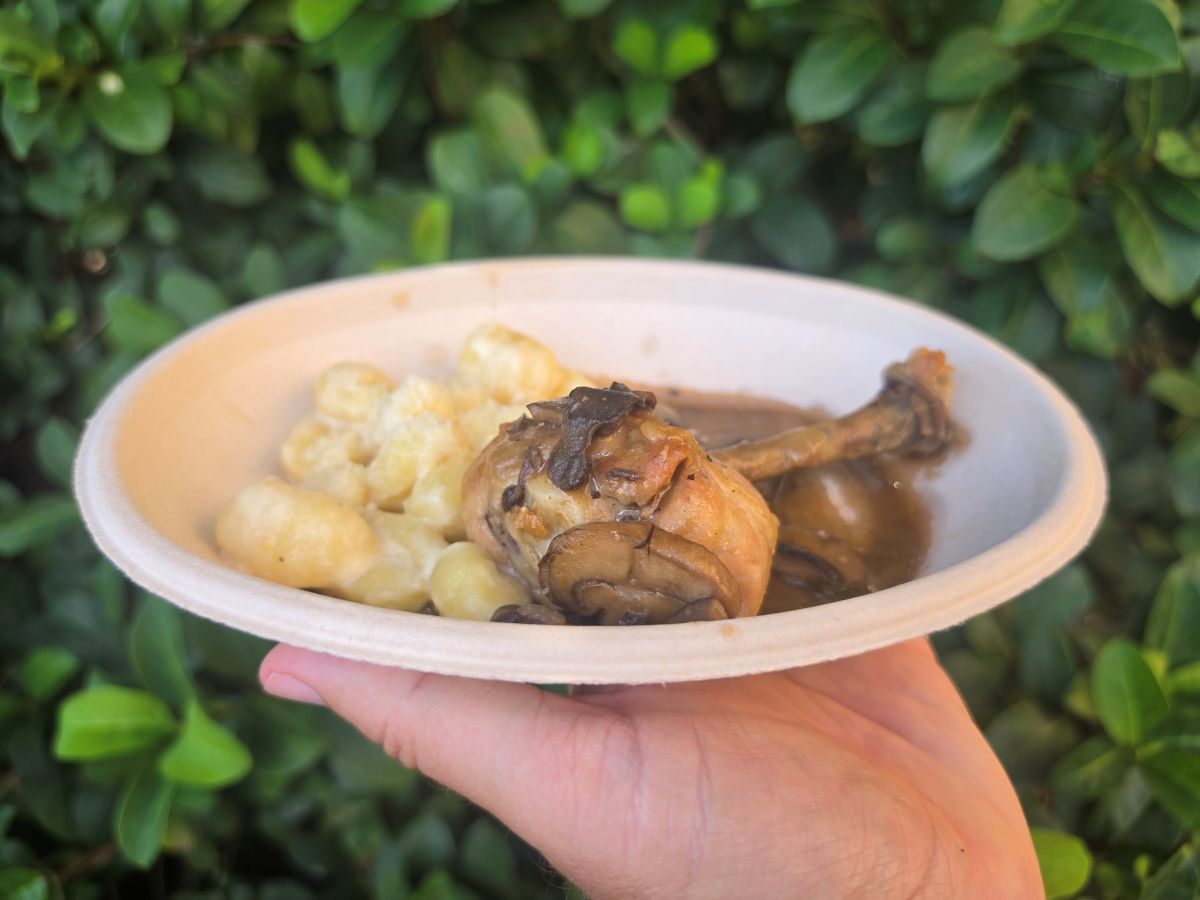 A hand holds a disposable plate featuring a chicken drumstick in mushroom gravy served alongside a portion of small, soft potato gnocchi dumplings.