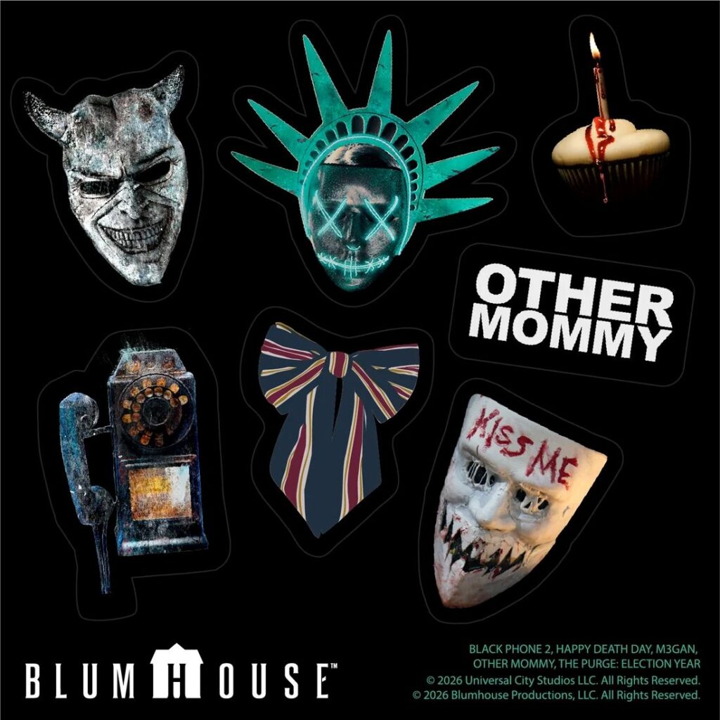 Blumhouse Popcorn Bucket Van stickers promoting Blumhouse properties