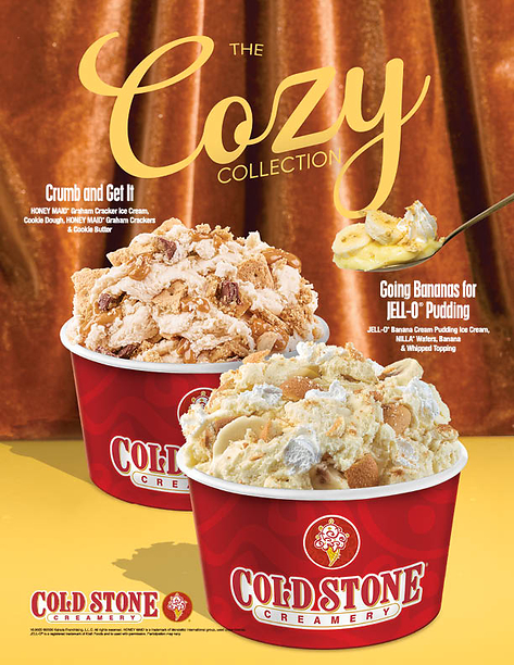 Cold Stone Fall Flavors showing the Going Bananas for JELL-O® Pudding and the Crumb and Get It Creations