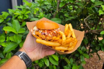 Hand holding a crispy Thai chili chicken sandwich and fries meal against leafy green bushes.