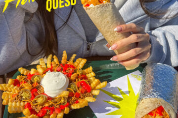 Del Taco Flamin Hot Queso promotional image showing someone holding a burrito
