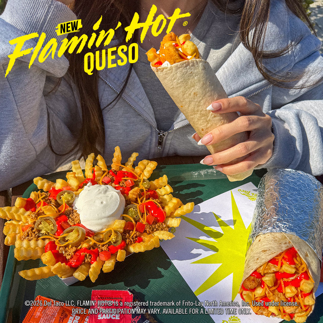 Del Taco Flamin Hot Queso promotional image showing someone holding a burrito