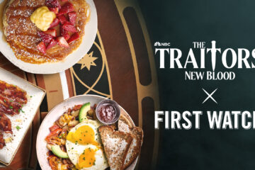 First Watch Traitors menu promotional image showing pancakes, bacon, and eggs entrees.