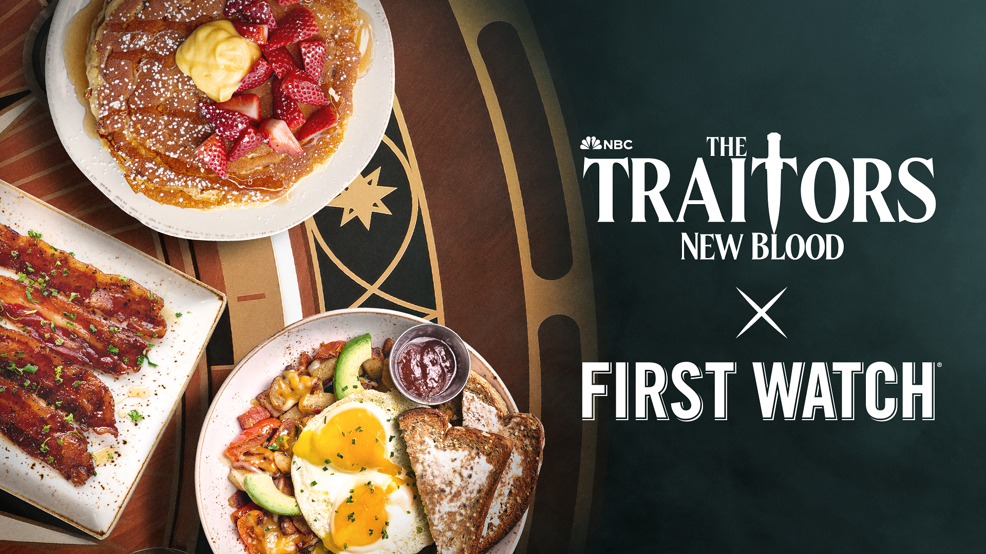 First Watch Traitors menu promotional image showing pancakes, bacon, and eggs entrees.