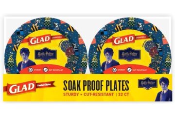 Pack of Glad Harry Potter themed soak proof plates featuring colorful designs and images of Harry Potter, labeled as sturdy and cut-resistant.