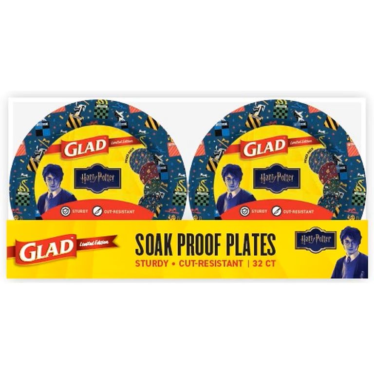 Pack of Glad Harry Potter themed soak proof plates featuring colorful designs and images of Harry Potter, labeled as sturdy and cut-resistant.